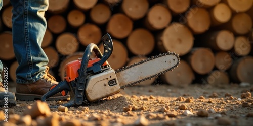 A powerful chainsaw rests on the ground near a stack of logs, signifying the hard work and craftsmanship involved in lumber production.
