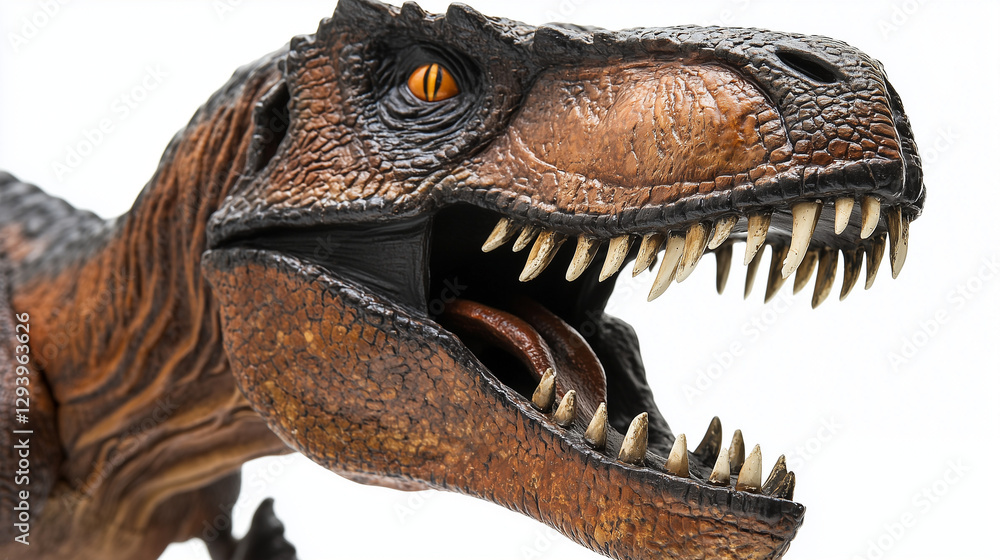 Close-up of a menacing T-Rex figurine with sharp teeth, embodying raw power and primal fear. Close-up of a menacing T-Rex figurine with sharp teeth, embodying raw power and primal fear.
