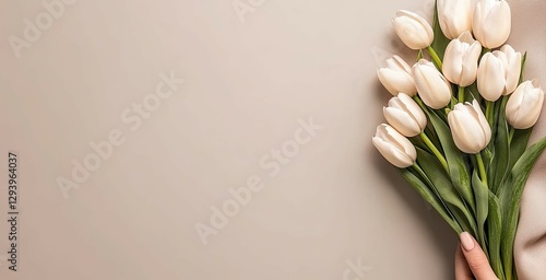 Celebrate special moments with a beautiful spring tulip bouquet and a cozy pink sweater on a soft pastel fabric backdrop.