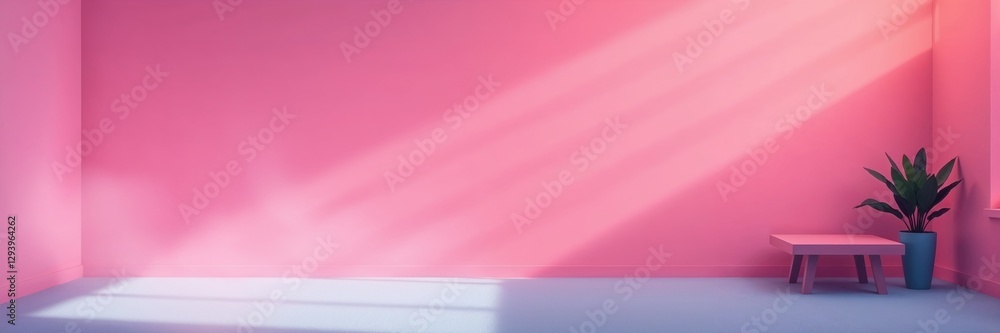 Fototapeta premium Bright minimalist interior with pink walls, a table, and a potted plant in soft light