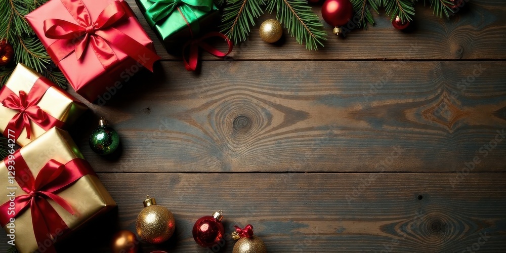 A Festive Wooden Surface Decorated with Wrapped Gifts and Ornaments A Festive Wooden Surface Decorated with Wrapped Gifts and Ornaments