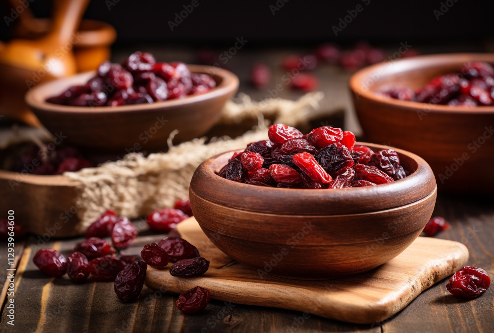 Dried and fresh cranberries artfully displayed in wooden bowls on a rustic table Dried and fresh cranberries artfully displayed in wooden bowls on a rustic table