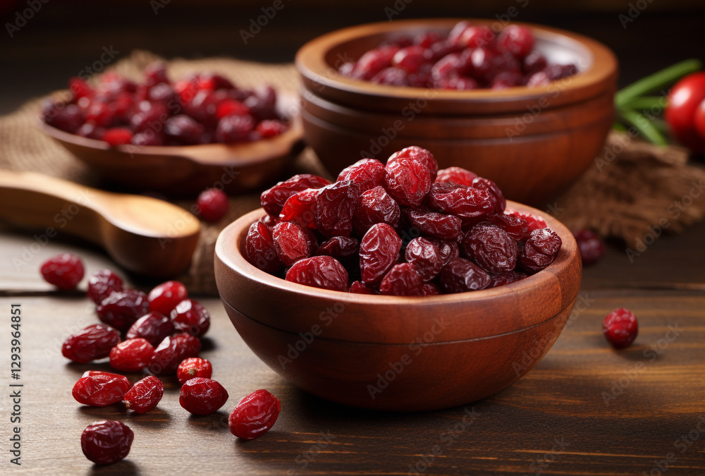 Rustic wooden surface featuring dried cranberries in bowls with fresh berries Rustic wooden surface featuring dried cranberries in bowls with fresh berries