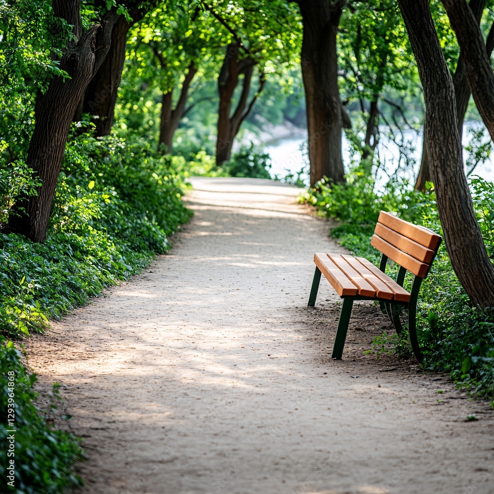 Serene park path with bench, trees, and tranquil water background; ideal for relaxation and peaceful scenes Serene park path with bench, trees, and tranquil water background; ideal for relaxation and peaceful scenes