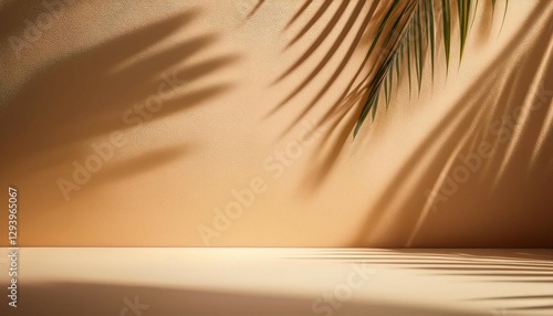 minimalistic abstract summer background with blurred shadows of palm leaves on beige tan wall for product presentation
