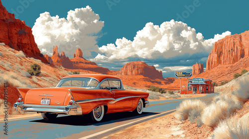 Classic car on desert highway, roadside diner