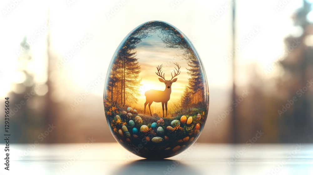 Fototapeta premium Colorful egg with a deer silhouette against a sunset in a natural setting
