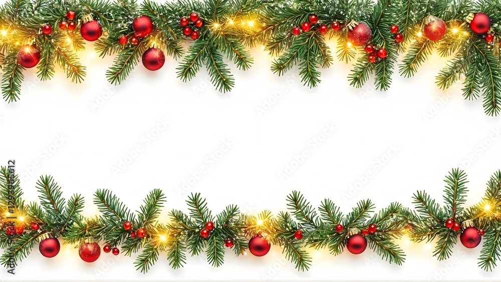 Festive Garland Banner: a symmetrical top and bottom border, featuring a garland of lush evergreen branches, adorned with radiant golden fairy lights and shimmering red ornaments, Generative Ai Festive Garland Banner: a symmetrical top and bottom border, featuring a garland of lush evergreen branches, adorned with radiant golden fairy lights and shimmering red ornaments, Generative Ai