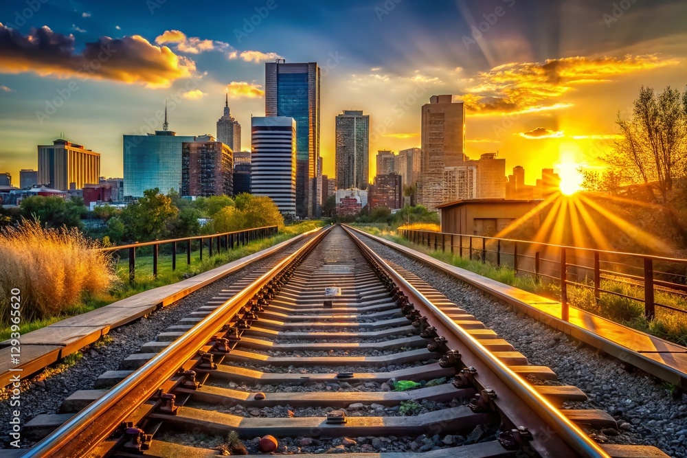 Fototapeta premium Golden Hour Richmond Cityscape: Railway Crossing at Sunset