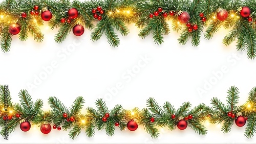 Festive Garland Banner: a symmetrical top and bottom border, featuring a garland of lush evergreen branches, adorned with radiant golden fairy lights and shimmering red ornaments, Generative Ai