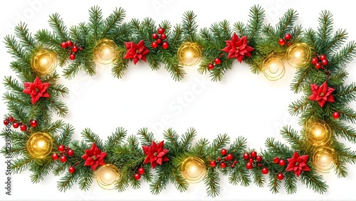 Wallpaper Mural Festive Garland: A vibrant holiday garland of lush green fir branches, adorned with crimson poinsettias, sparkling golden ornaments, and festive red berries, Generative Ai Torontodigital.ca