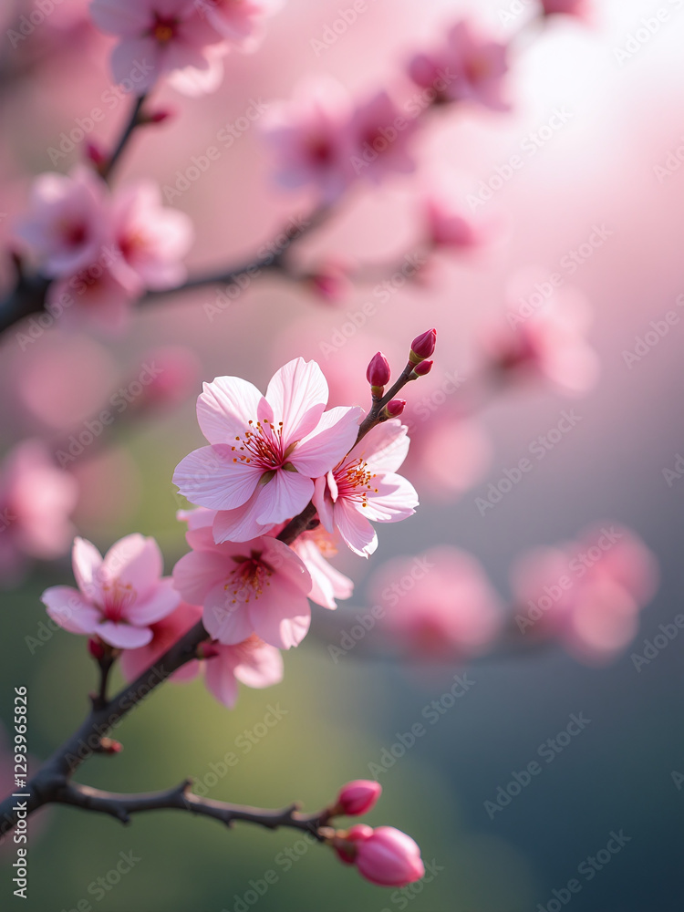 Nature Blended With Soft Pink Hues Of A Blossoming Tree Against A Blurred Springtime Art Backdrop. Nature Blended With Soft Pink Hues Of A Blossoming Tree Against A Blurred Springtime Art Backdrop.