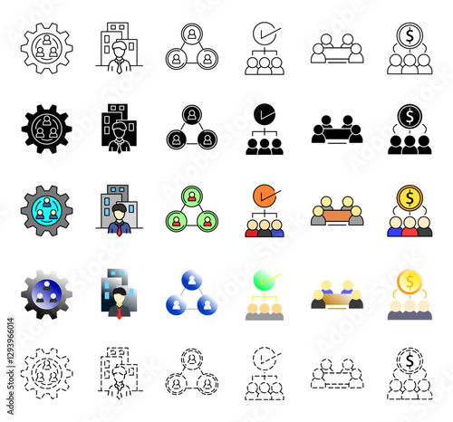 A set of stakeholder icons representing business management, teamwork, leadership, organizational structure, and financial collaboration.with outline, solid, colored, gradient, and dashed styles.