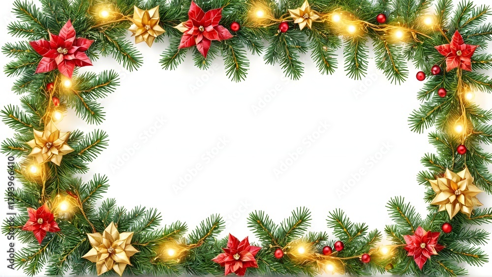 Festive Frame: An inviting rectangular frame crafted from vibrant greenery, adorned with twinkling lights and decorative floral accents, ready to embrace your cherished holiday messages, Generative Ai Festive Frame: An inviting rectangular frame crafted from vibrant greenery, adorned with twinkling lights and decorative floral accents, ready to embrace your cherished holiday messages, Generative Ai