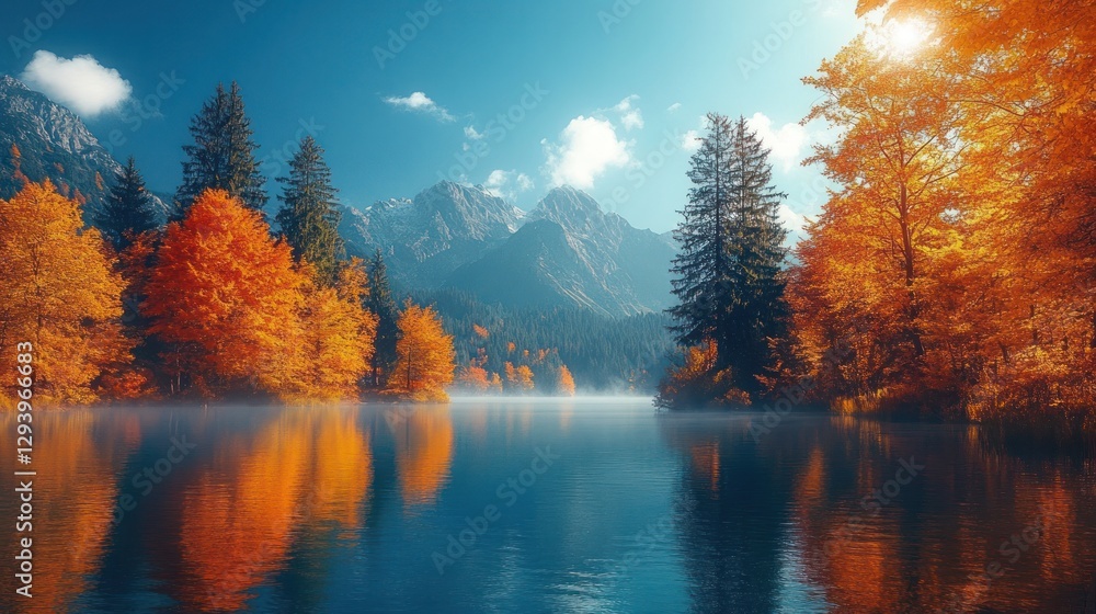 Fototapeta premium Calm autumn lake reflecting vibrant fall foliage and majestic mountains under a sunny sky.