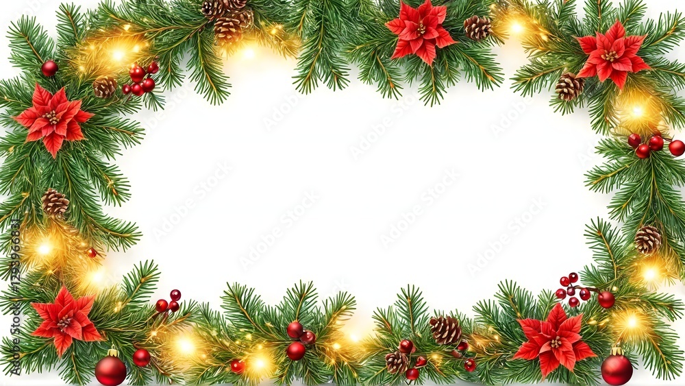 Christmas Garland Border: An eye-catching border of festive Christmas garland, featuring lush green fir branches, bright red poinsettias, twinkling fairy lights, Generative Ai Christmas Garland Border: An eye-catching border of festive Christmas garland, featuring lush green fir branches, bright red poinsettias, twinkling fairy lights, Generative Ai