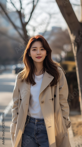 카라 코트 입은 아름다운 한국 여성