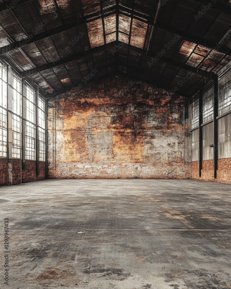 Spacious Abandoned Warehouse Interior with Rustic Brick Wall and Industrial Architecture Detail Spacious Abandoned Warehouse Interior with Rustic Brick Wall and Industrial Architecture Detail