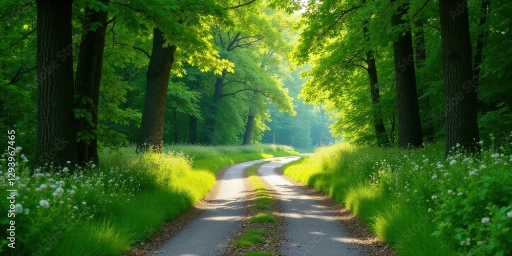Obraz premium Serene Pathway Through Lush Green Canopy, Sunlight Dappling the Winding Road and Wildflowers