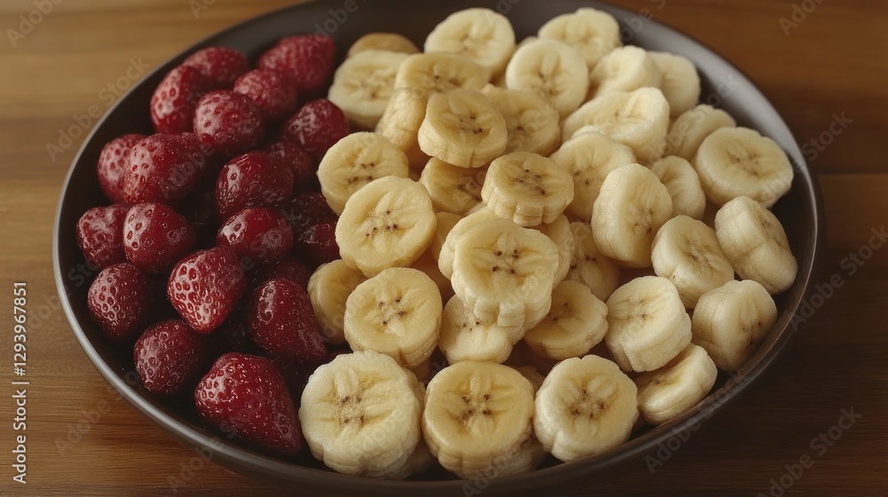 Sliced strawberries and bananas on a dark plate. Sliced strawberries and bananas on a dark plate.