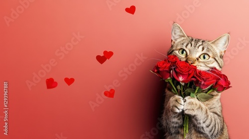 A tabby cat holds a bouquet of red roses against a red background