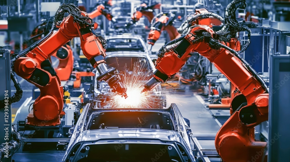 Auto assembly line with precision robots welding and assembling vehicle parts in sync. Auto assembly line with precision robots welding and assembling vehicle parts in sync.