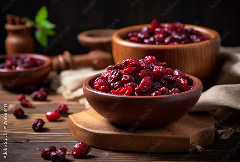 Wooden bowls filled with dried cranberries on a rustic table with fresh berries Wooden bowls filled with dried cranberries on a rustic table with fresh berries