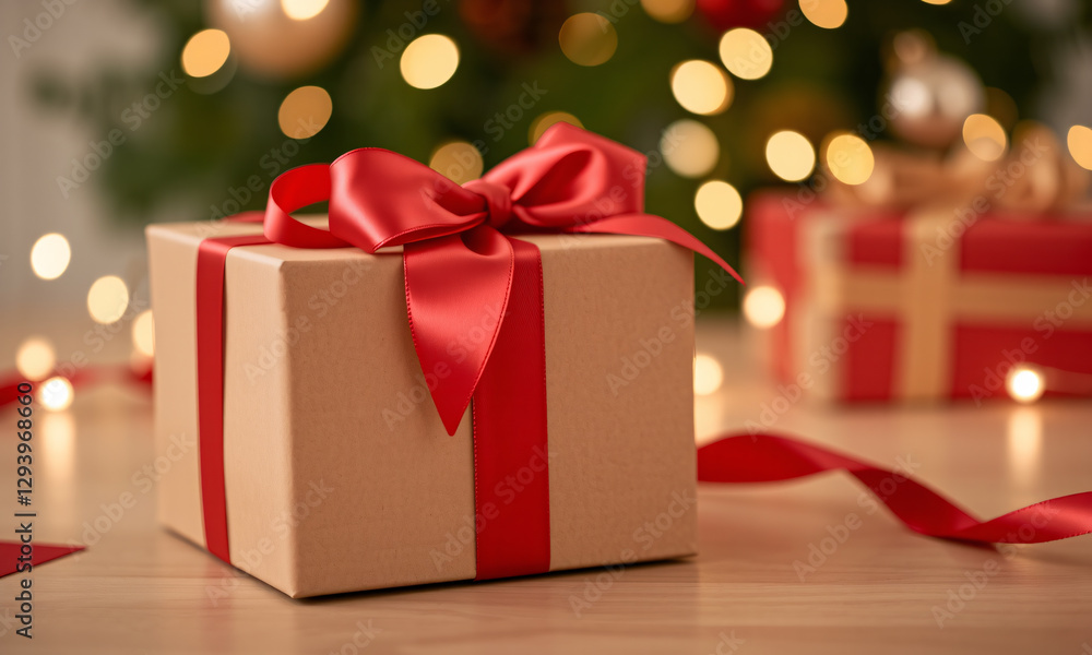A beautifully wrapped gift box mockup with a silky ribbon set against a holiday-themed backdrop A beautifully wrapped gift box mockup with a silky ribbon set against a holiday-themed backdrop