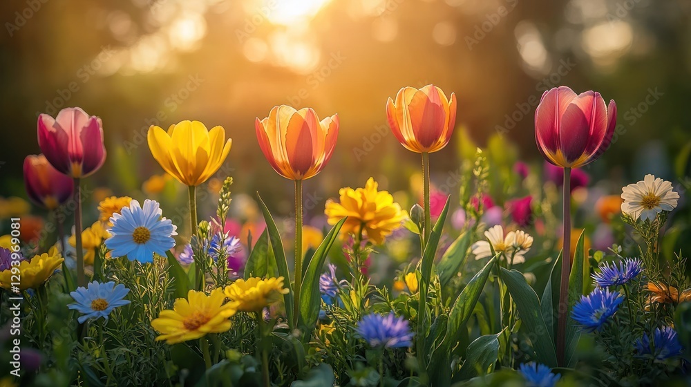 Naklejka premium Four tulips in vibrant colors bloom in a sunlit field of wildflowers.