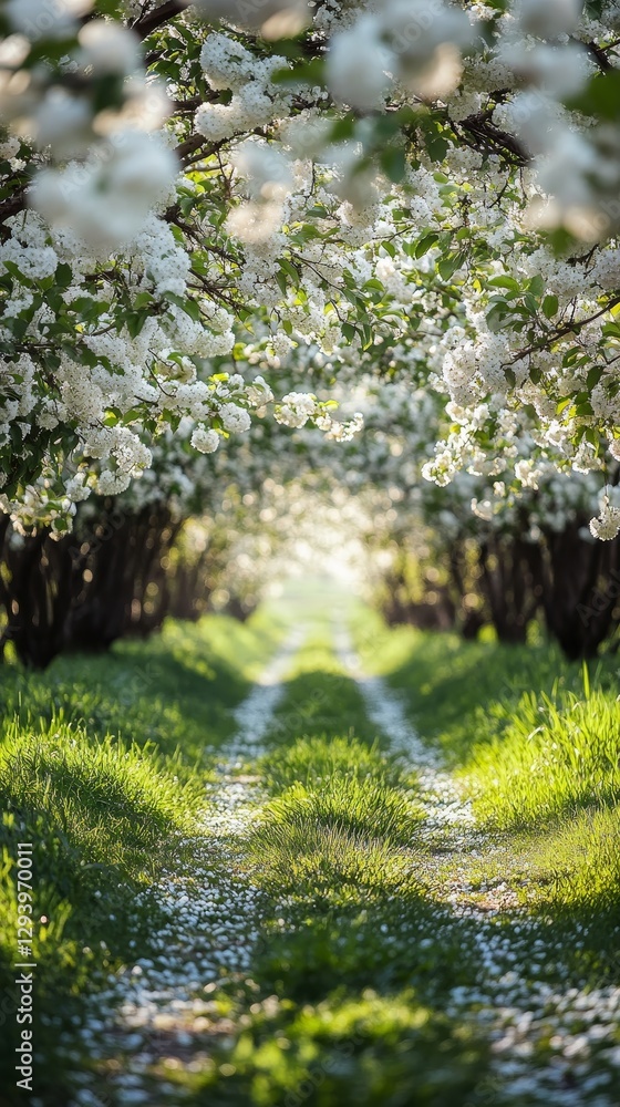 Springtime reveals a stunning apple orchard filled with white blossoms, Springtime reveals a stunning apple orchard filled with white blossoms,