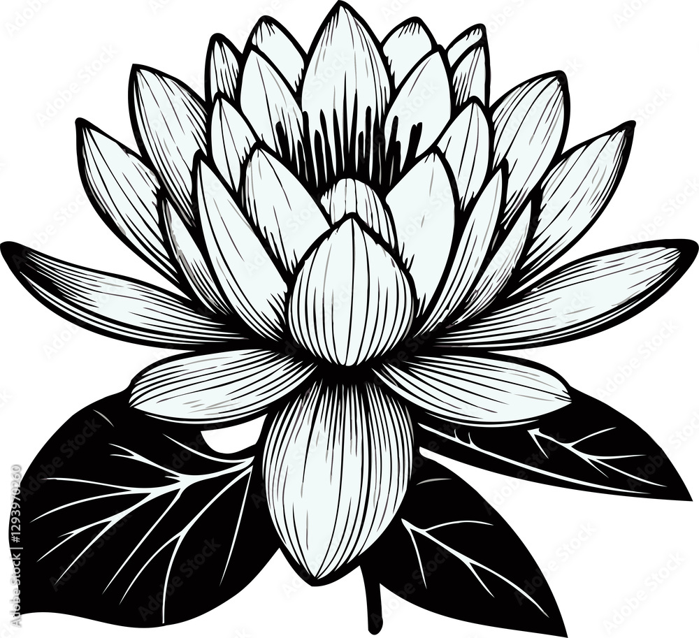 Fototapeta premium PNG Hand drawn black and white lilies sketch, water lily buds flower, lotus leaf, set of flowers vector, illustration outline, botanical black and white line art, lineart leaves and stems in engraving