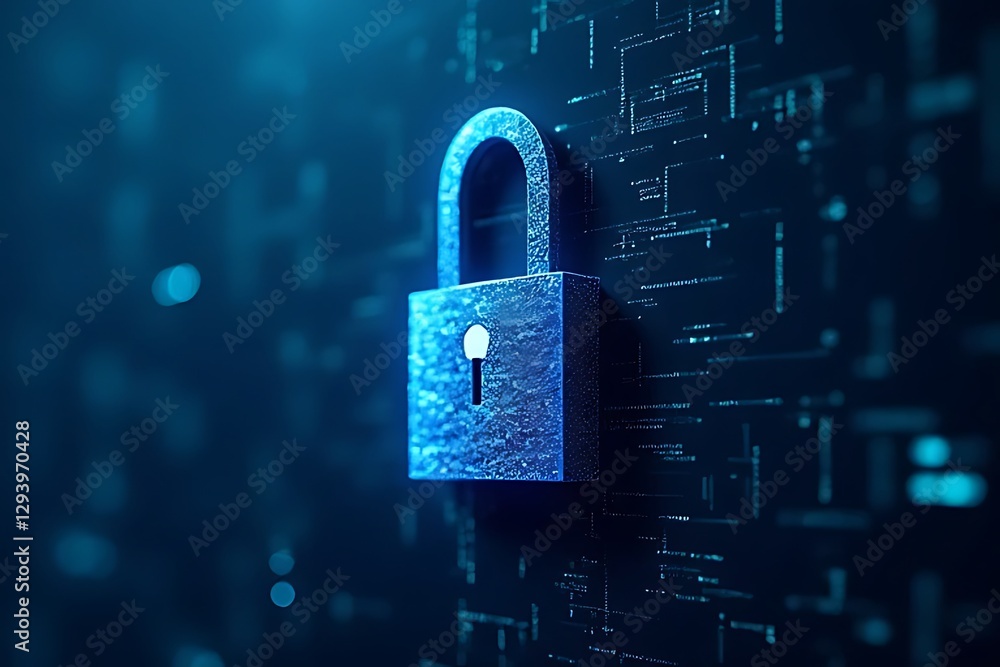 digital representation of a padlock is shown in the foreground against a background of blue binary code. digital representation of a padlock is shown in the foreground against a background of blue binary code.