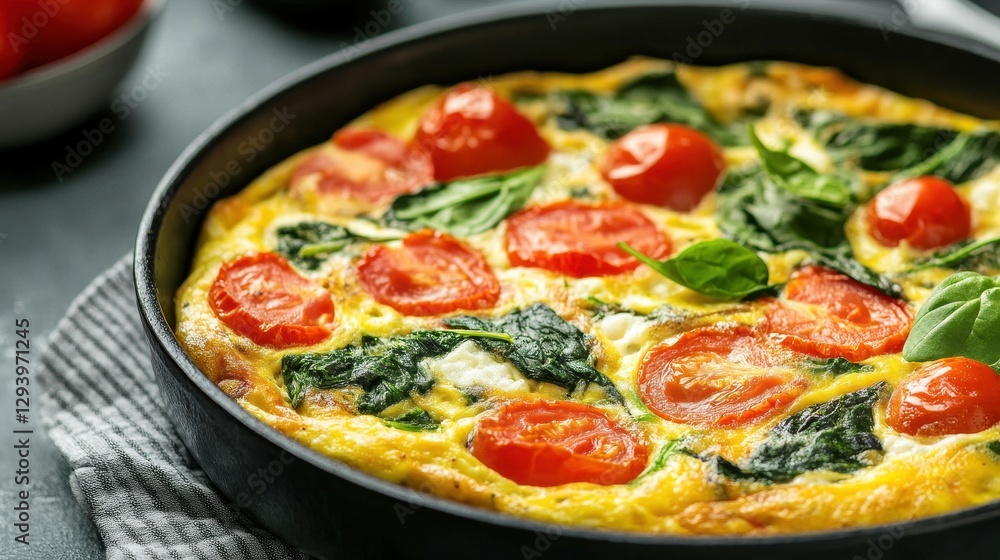 Fresh Spinach and Tomato Frittata in a Black Pan on Table Fresh Spinach and Tomato Frittata in a Black Pan on Table