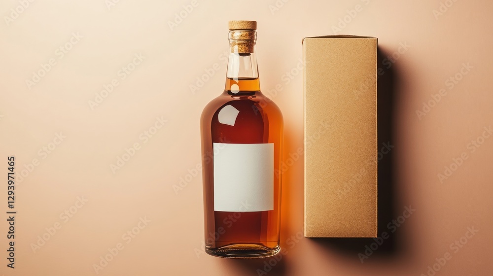 Amber liquid bottle with blank label and cardboard box on peach background. Amber liquid bottle with blank label and cardboard box on peach background.