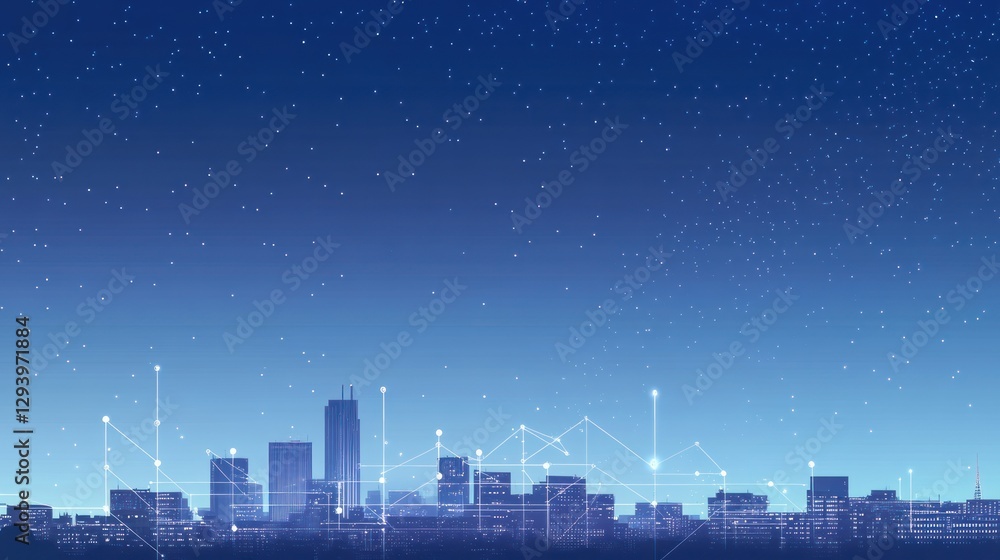 City Skyline at Night with Digital Connections City Skyline at Night with Digital Connections