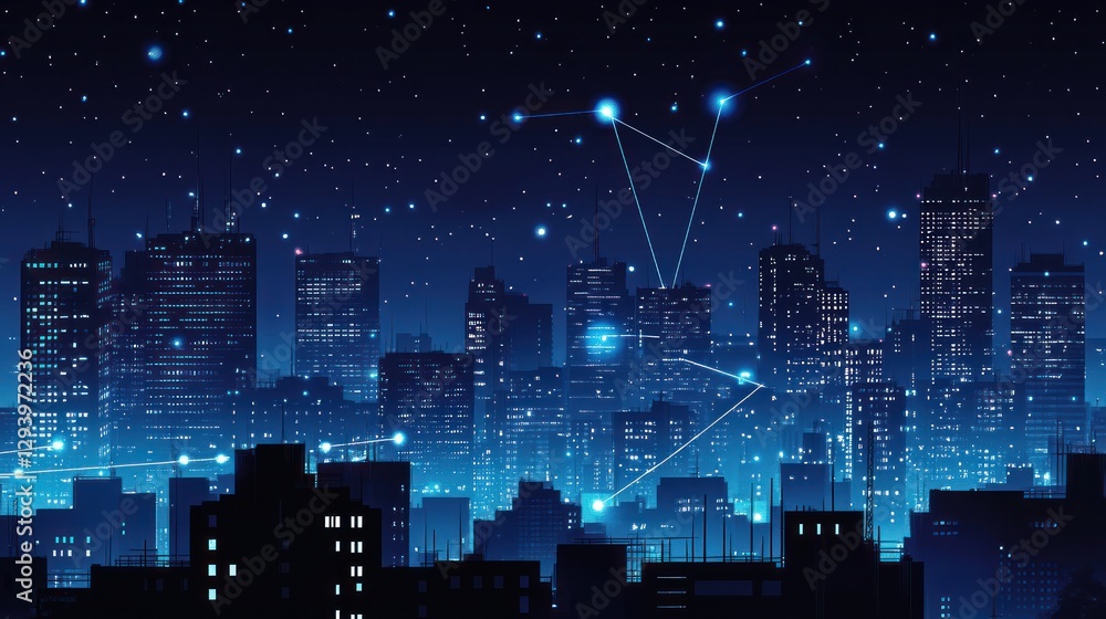 Futuristic city skyline at night with glowing connections Futuristic city skyline at night with glowing connections