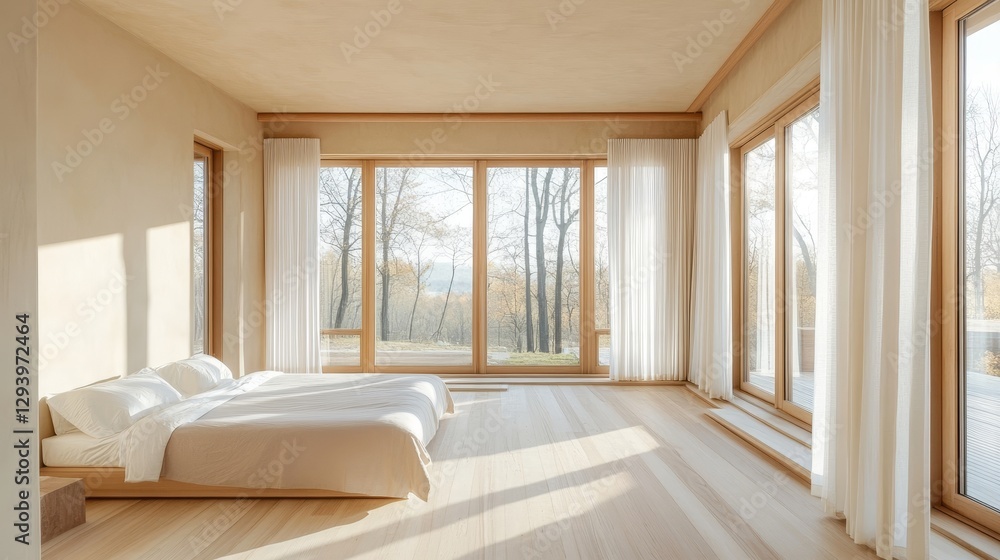 Obraz premium Serene Modern Bedroom with Panoramic Forest View