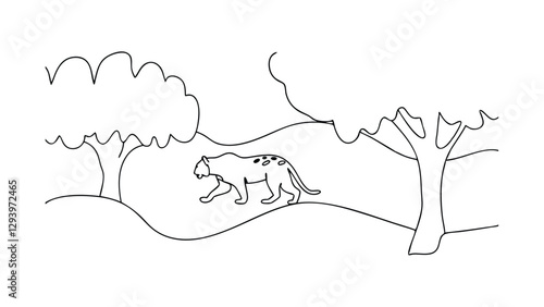 Simple line drawing of a leopard walking through a savanna landscape with two trees. Minimalist style, black and white illustration. The leopard is spotted.