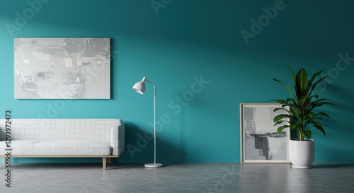 A minimalist living room features a teal wall, white gridded sofa, floor lamp, abstract art pieces, and a potted plant. Modern and serene ambiance.
