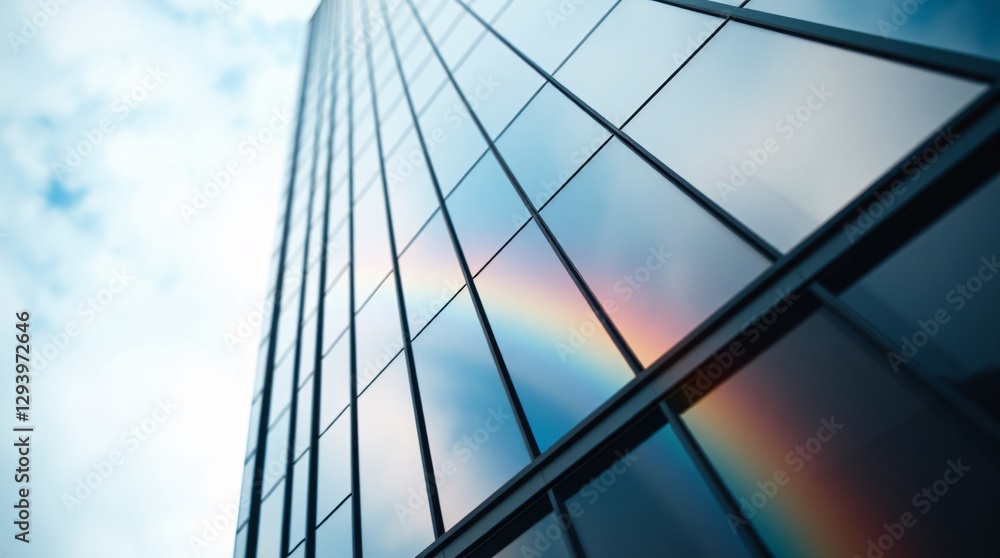 Fototapeta premium Rainbow Reflection on a Skyscraper’s Glass Facade 