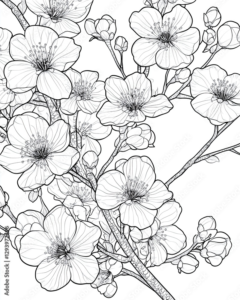 Delicate outline of blooming flowers and branches. Delicate outline of blooming flowers and branches.