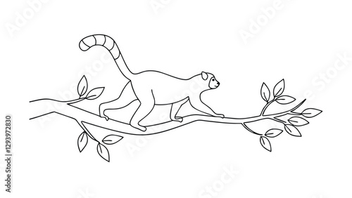 Line art drawing of a ringtailed lemur gracefully walking along a tree branch. Simple, elegant illustration depicting the lemurs characteristic tail and arboreal habitat.