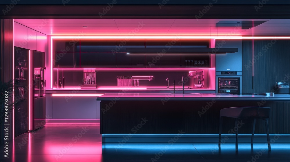 A futuristic kitchen with minimalist design and glowing appliances, clean and modern. A futuristic kitchen with minimalist design and glowing appliances, clean and modern.