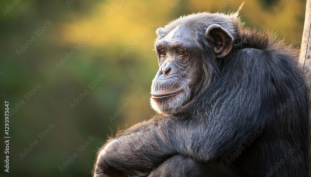 Contemplative Chimpanzee Perched on Tree Trunk Amidst Lush, Tropical Greenery, Exuding a Sense of Wisdom and Serenity. Contemplative Chimpanzee Perched on Tree Trunk Amidst Lush, Tropical Greenery, Exuding a Sense of Wisdom and Serenity.