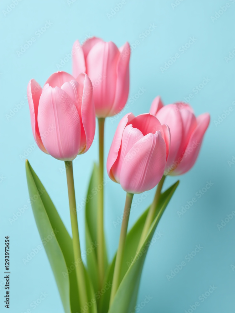 Lovely Greeting Card Featuring Beautiful Tulips In Soft Pink Hues Against A Light Blue Backdrop For Special Occasions. Lovely Greeting Card Featuring Beautiful Tulips In Soft Pink Hues Against A Light Blue Backdrop For Special Occasions.