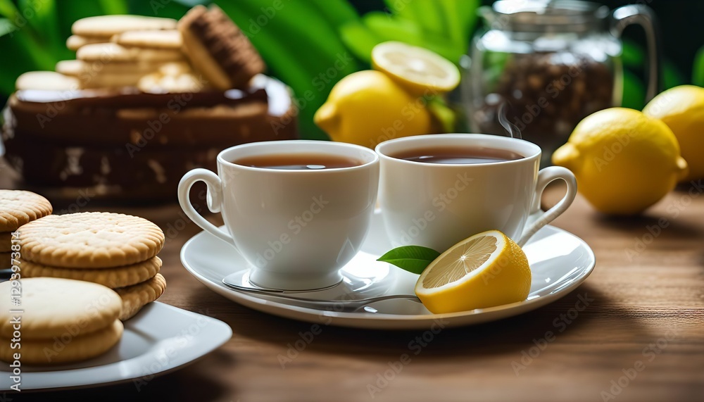 Two Cups of Tea with Lemon and Biscuits Two Cups of Tea with Lemon and Biscuits