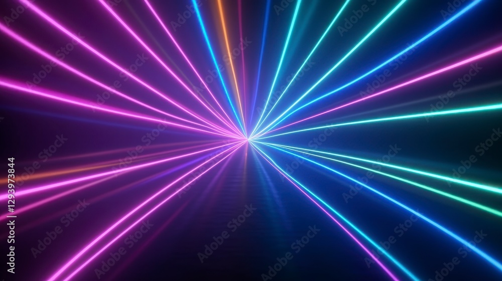 Abstract background with colorful neon lines radiating from the center against a dark background. Vibrant hues create a dynamic, energetic visual Abstract background with colorful neon lines radiating from the center against a dark background. Vibrant hues create a dynamic, energetic visual