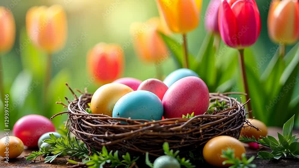 4k frame easter eggs in a basket on the grass with tulips 4k frame easter eggs in a basket on the grass with tulips
