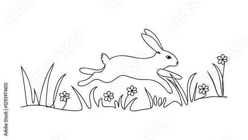 Running Hare in Meadow, Spring Flowers, Line Art Drawing