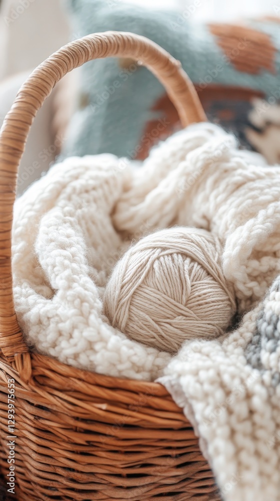 Obraz premium Cozy Knitted Blanket and Yarn in a Wooden Basket